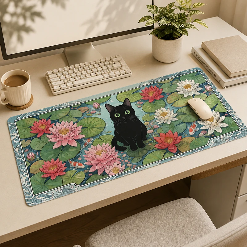 Tapis de souris XXL en caoutchouc naturel souple, motif chat noir Otus Pond Gamer, pour ordinateur et bureau, impression à la demande