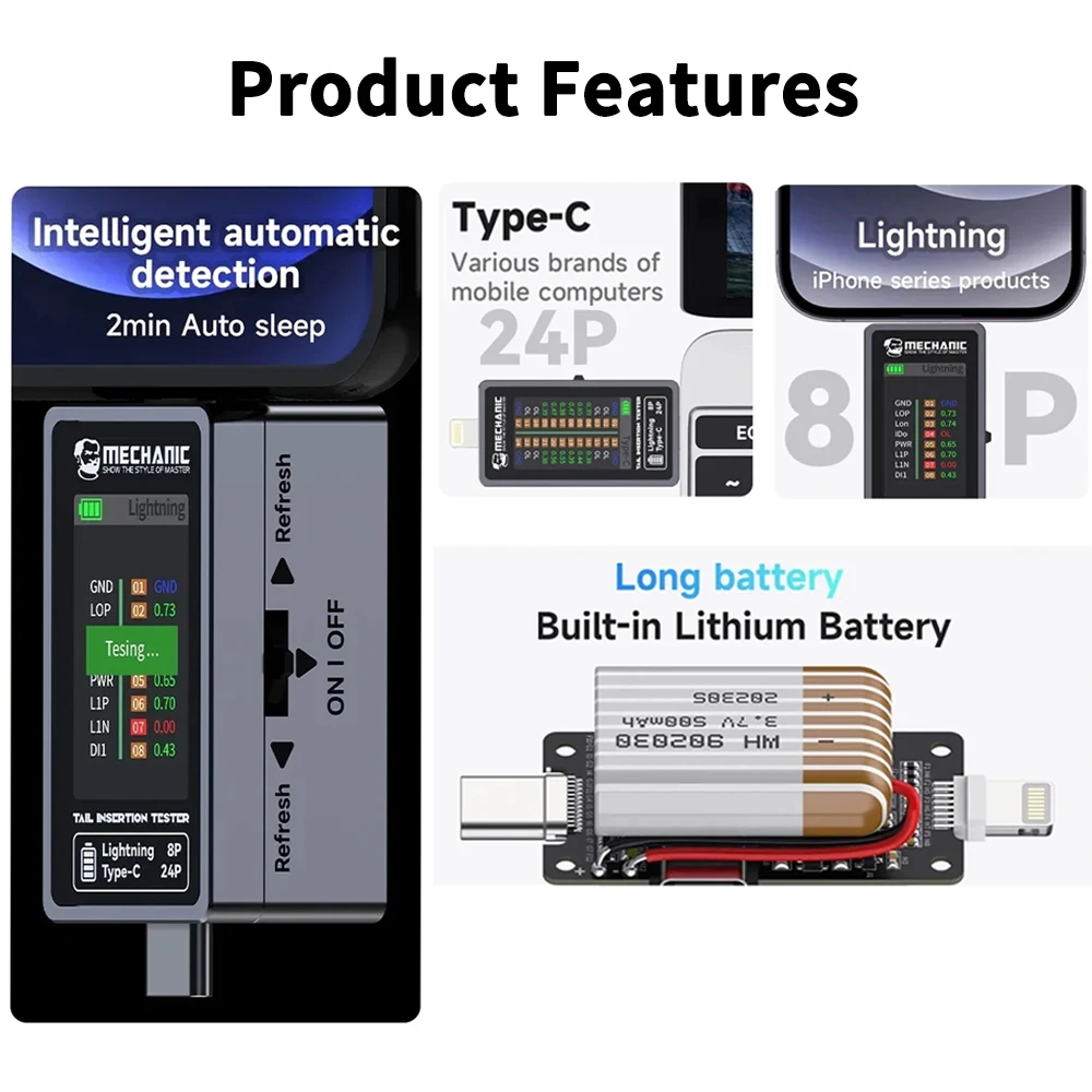 MECHANIC T-824 Disassembly-free Mobile Phone Tail Plug Digital Display Detector for Mobile Phone Current and Power Tester Tools