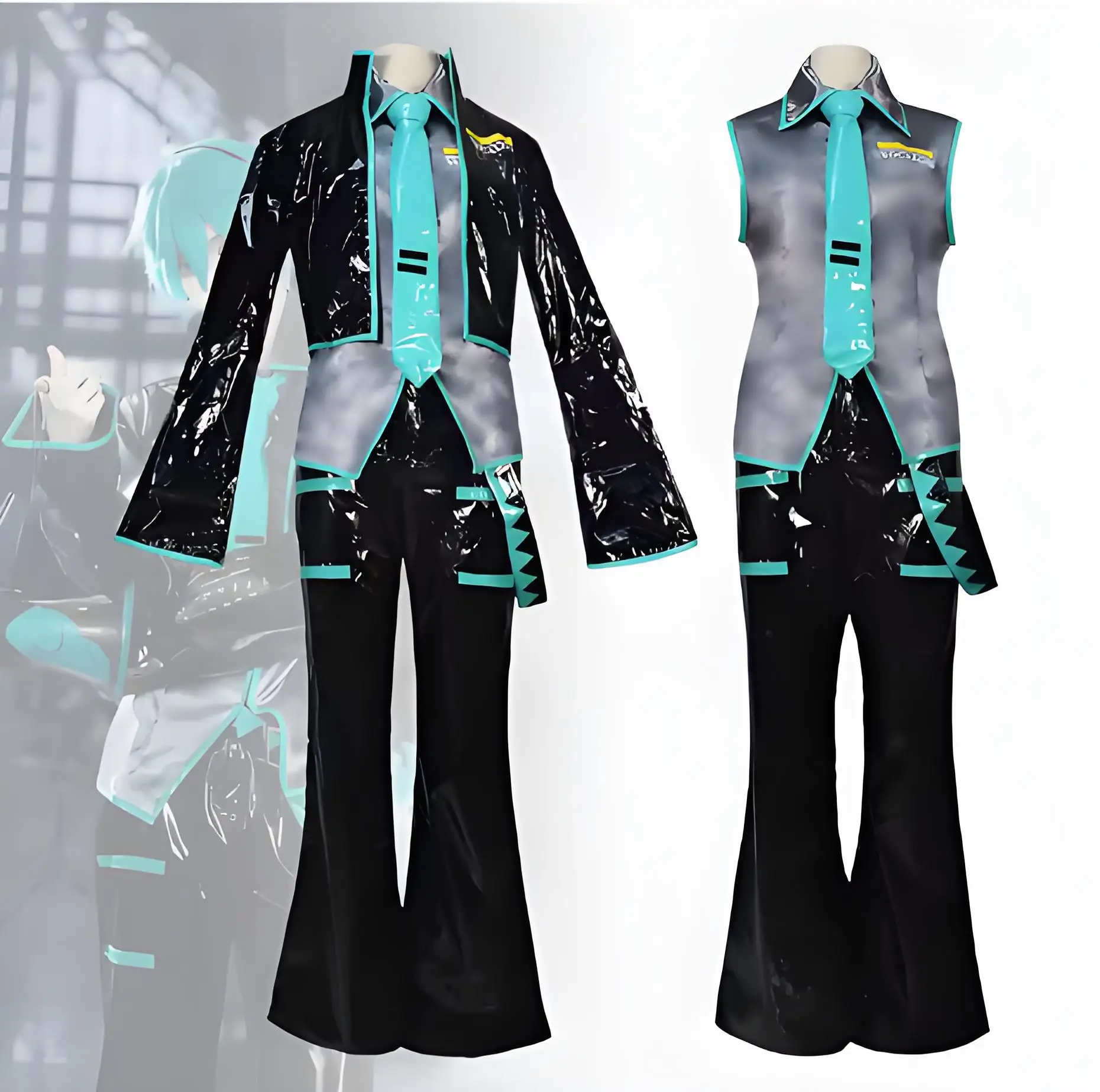 

Green Themed Anime Male Cosplay Costume Complete Set with Black Jacket and Green Wig, Customizable Sizes