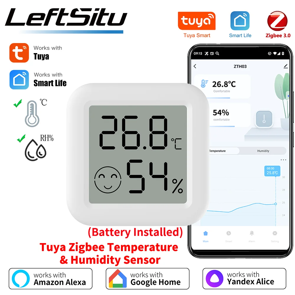 Czujnik temperatury i wilgotności Tuya Zigbee, zdalne sterowanie przez aplikację, termometr przez Smart Life do inteligentnego domu, kompatybilny z Yandex Alexa