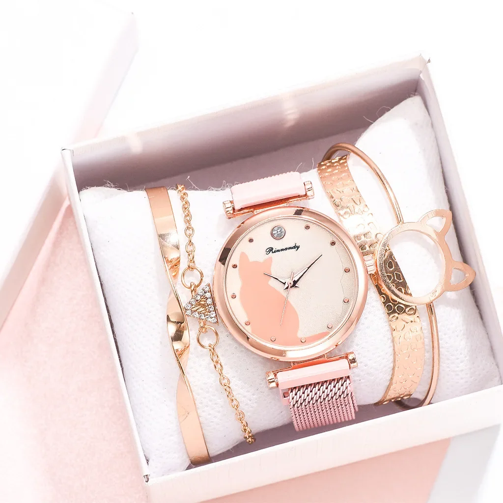 5 unids/set de relojes para Mujer, conjunto de pulsera de oro rosa, Reloj magnético con patrón de gato, pulsera para Mujer, relojes de pulsera, Reloj de cuarzo para Mujer