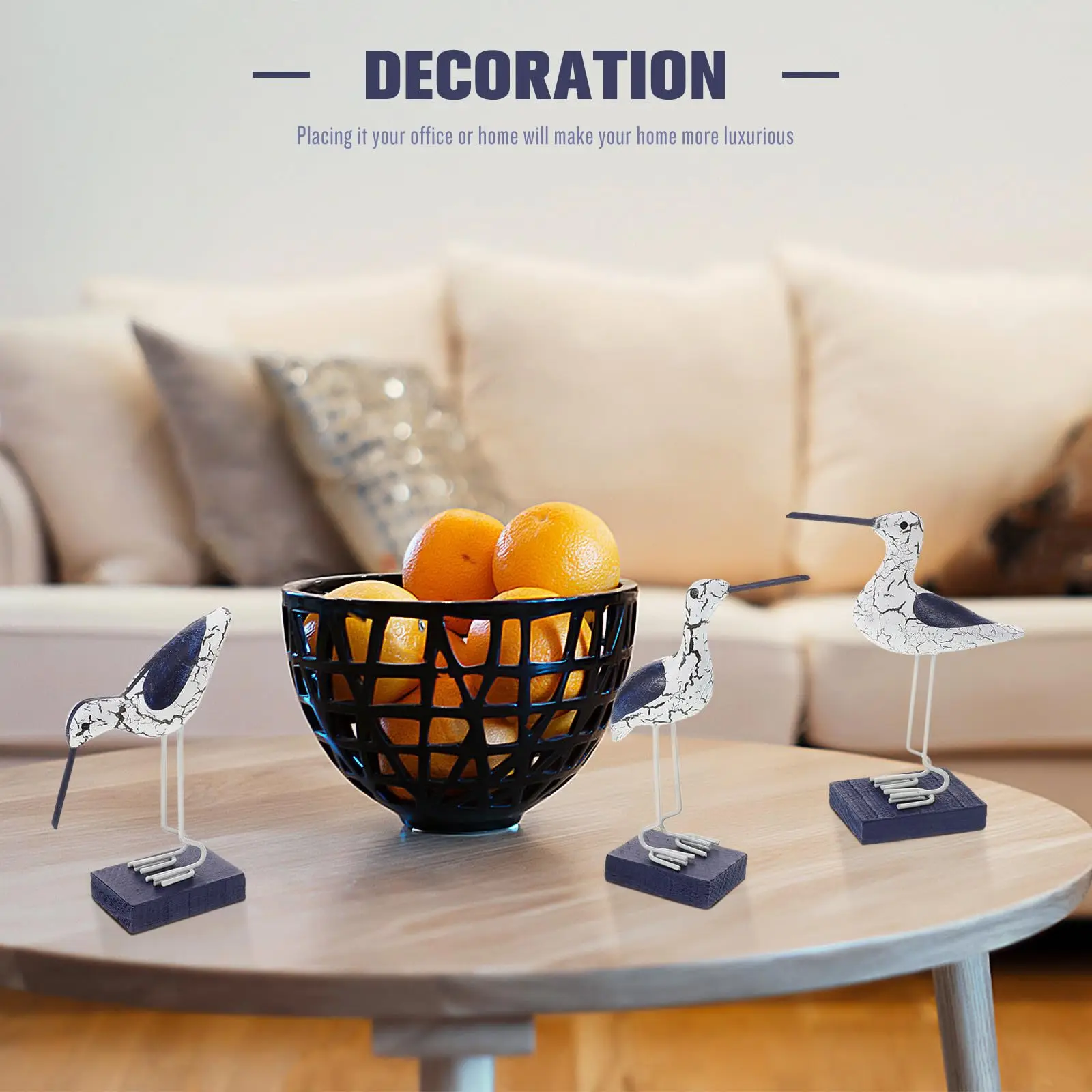 Furniture Accessory Wooden Seabird Statue Set of 3 Blue Tabletop Decor for Shelf Desk Office Home