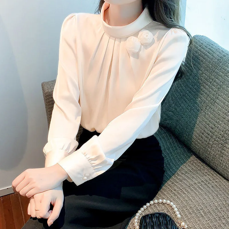 Temperament Solid Color Thin Blouse Spring New Long Sleeve Youth All-match Loose Elegant Shirt Tops Fashion Office Women Clothes