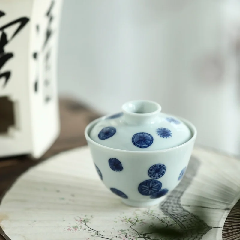 ★Mr. Qing Jingdezhen Antique Hand Painted Blue and White Two Only Tureen Ball Flower Tea Brewing Bowl Tea Set Ceramic Tea Maker