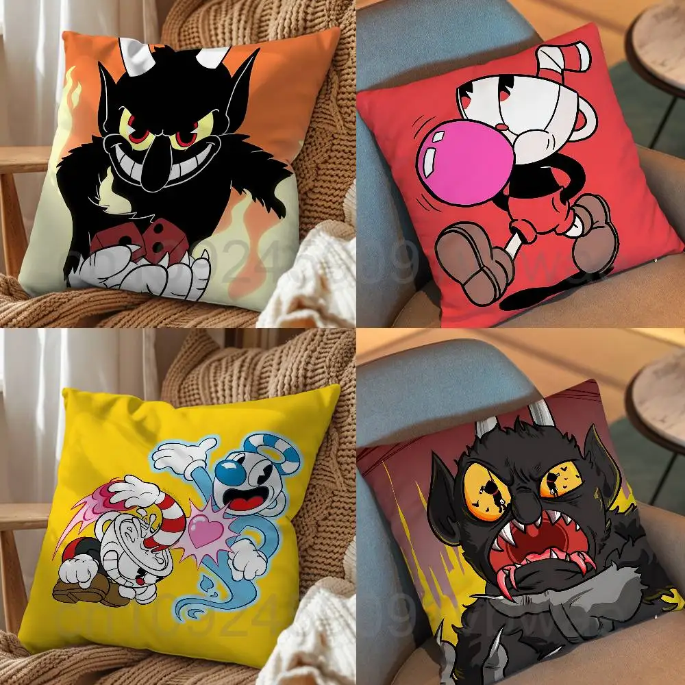 Two people game Devil Cuphead Pillow Case Anti-dustmite Pillowcase Invisible zipper silky short plush Sofa cushion cover