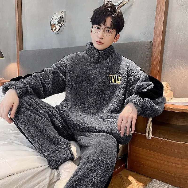 Men's Pajamas New Stand-up Collar Zipper Casual Suit Coral Fleece Thickened Warm Loungewear Can Be Worn Outside Fall Winter Sets