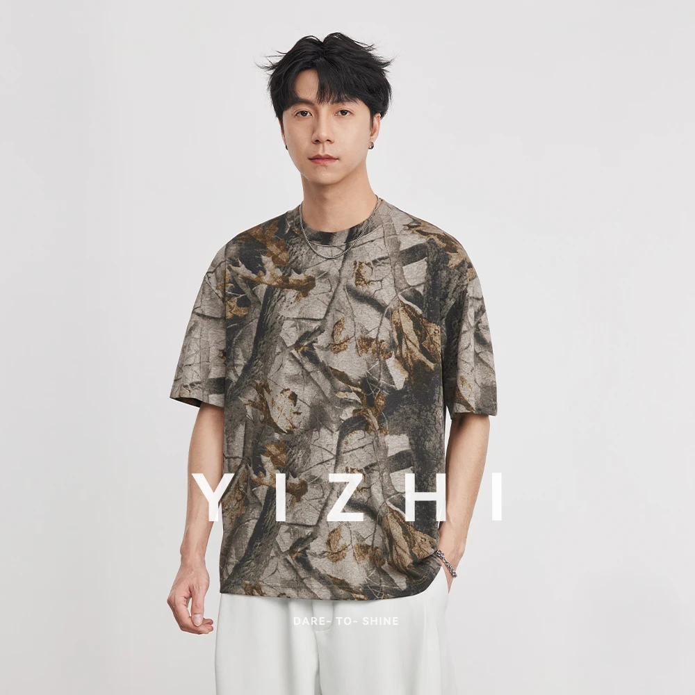 Men's Heavyweight 165g Vintage Print T-Shirt Summer 32S 75D Leaf Vein Texture Crew Neck Casual Short