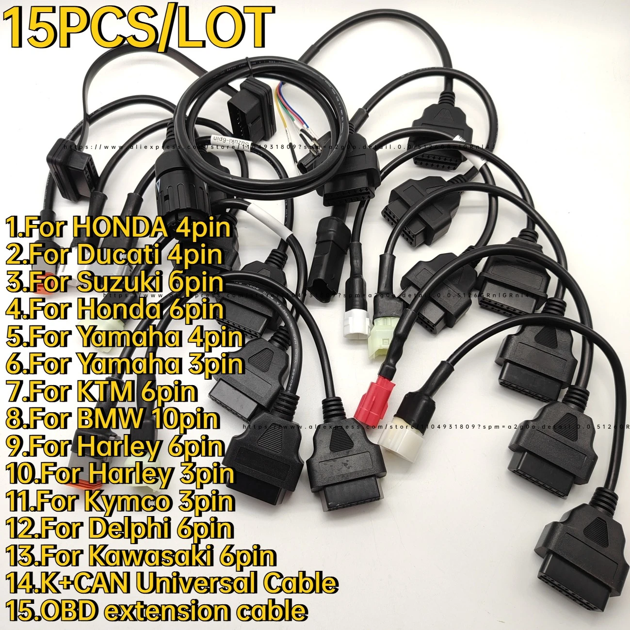 15PCS/lot OBD2 Connector Motorcycle For YAMAHA For Suzuki For HONDA FOR Harrley ForDelphi K+CAN For Ducati For KTM FOR BMW Cable