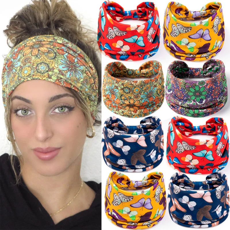 

2024 Summer Vintage Headband for Women Color Blocking Retro Print Elastic Sports Fashion Polka Dot Wide Hairband with Knot