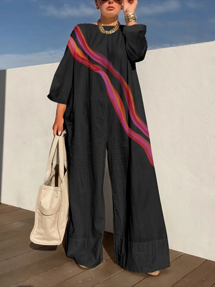 

Spring Summer Women Black White Long Sleeves Loose Striped Jumpsuits Casual Beach Vacation Daily Streetwear Outfits 2026 New