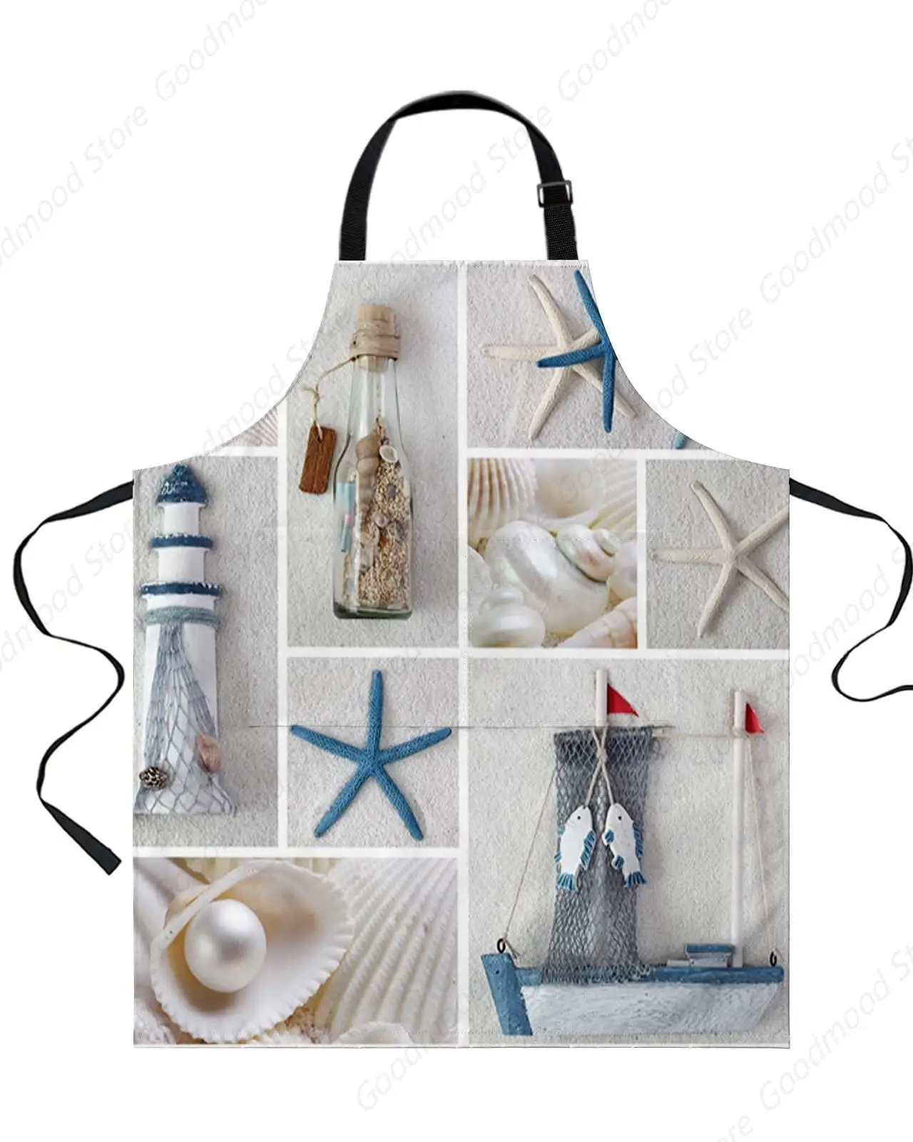 Beach Waterproof Apron With Pockets, Summer Sailboat Lighthouse Seastar Patchwork Kitchen Chefs Bib Cooking BBQ Grill Bake