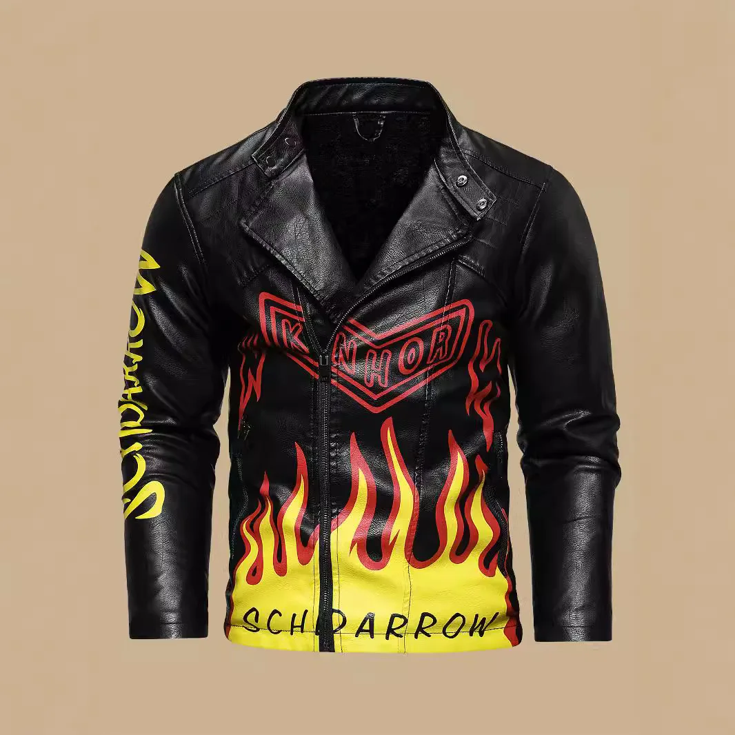 

Autumn Winter Man Plush Jacket New High Street Letter Printed Stand Collar Men Leather Coat Long Sleeve Zipper Male Outerwear