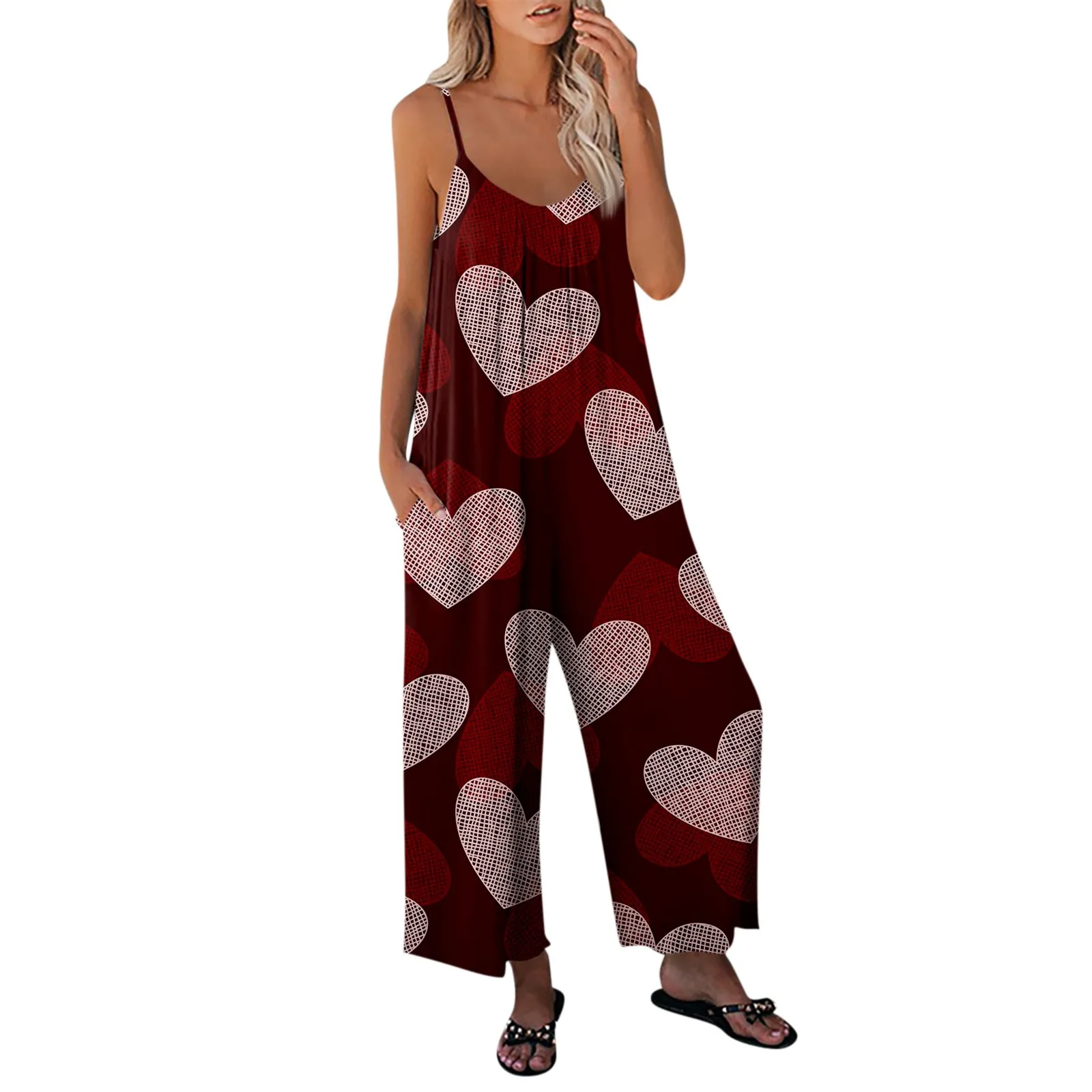 Women'S Jumpsuits Valentine'S Day Printed Jumpsuit Casual Loose Adjustable Suspender Jumpsuit Enterizos Para Mujeres Roupas