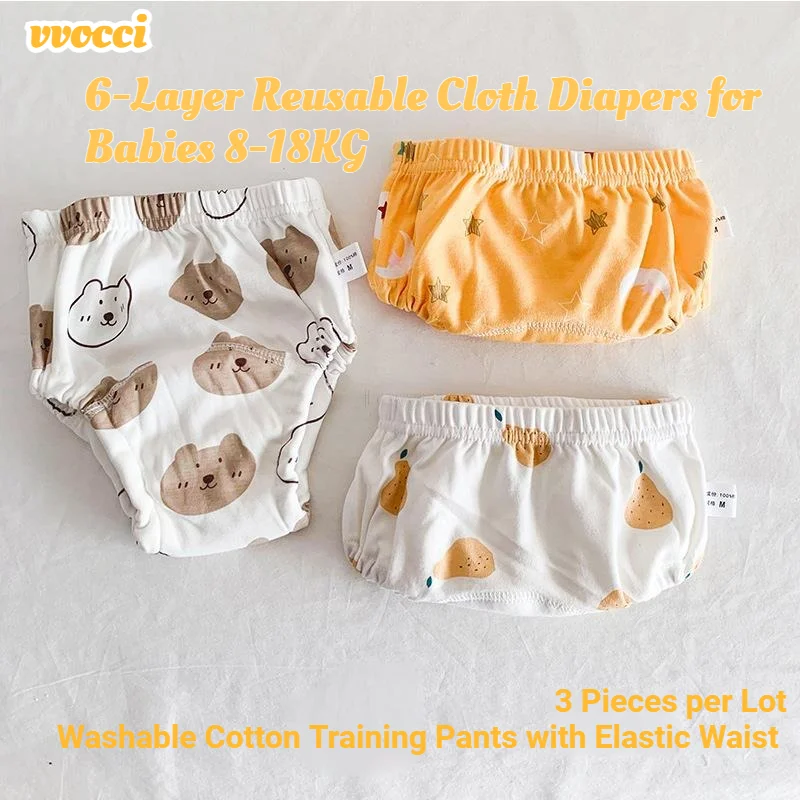 vvocci  6-Layer Reusable Cloth Diapers for Babies 8-18KG | Washable Cotton Training Pants with Elastic Waist | 3 Pieces per Lot
