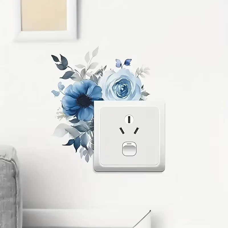 1 piece of modern blue floral switch board cover sticker - self-adhesive waterproof PVC wall sticker for bathroom decoration