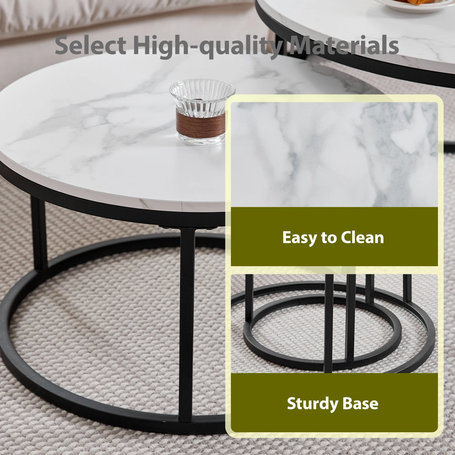 2-in-1-Couchtisch mit Marmorstruktur für Wohnzimmer, Sofa, runder Teetisch, Holzkombinationsmöbel, Metallgestell, schwarz – Detail 6