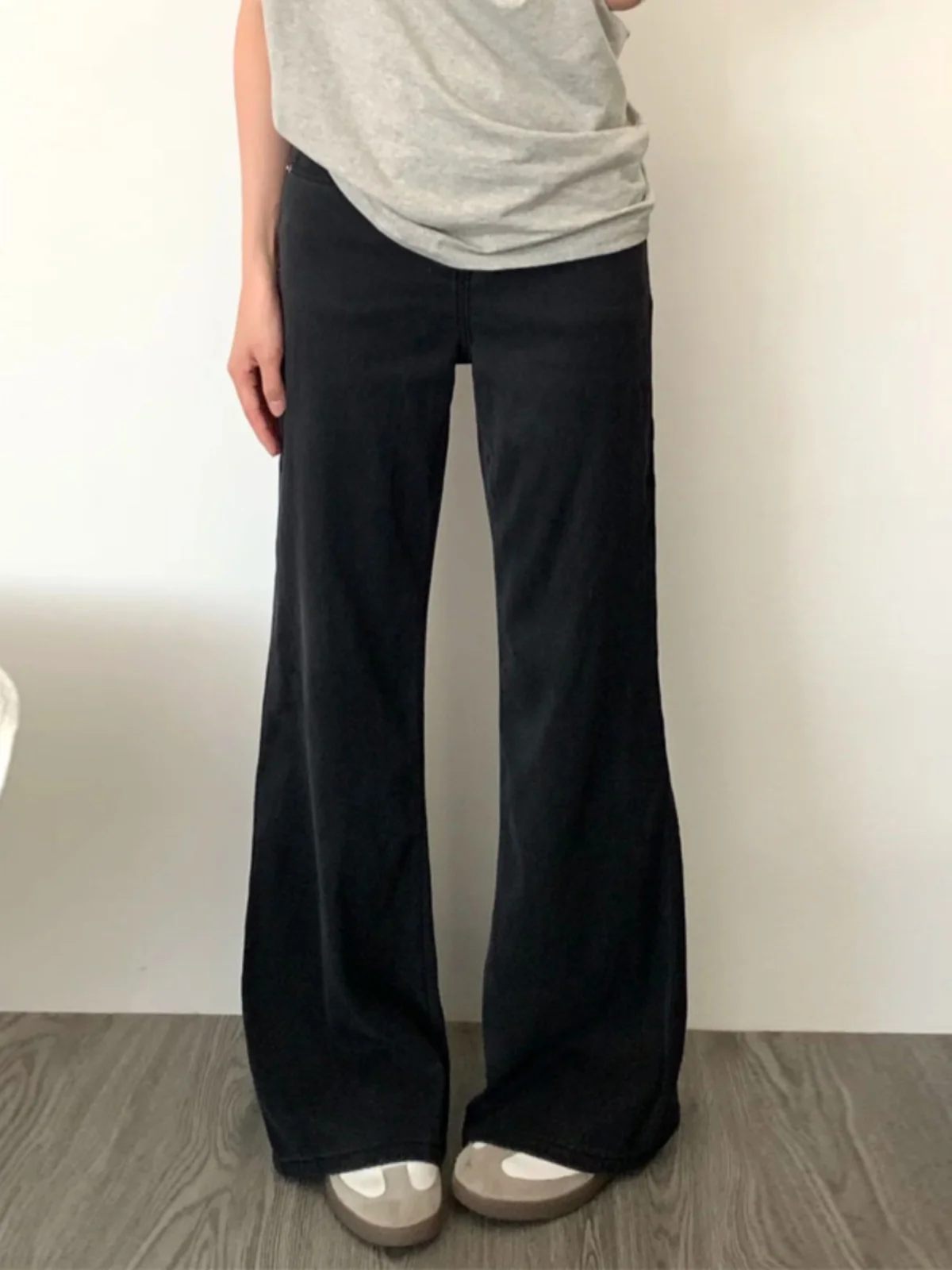 Black Loose Wide Leg Jeans Women's Spring plus Size Slimming Straight Flared Pants High Waist Cotton Stretch Denim Anti-Wrinkle