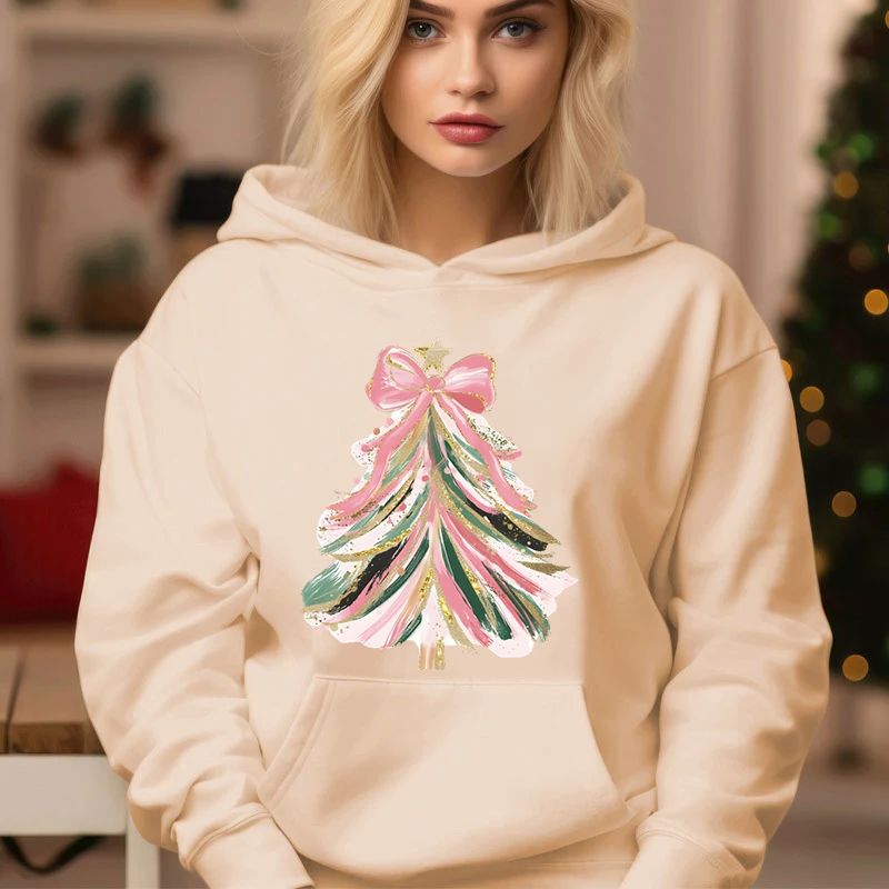 Winter Women Christmas Hoodies Funny Letter Leopard Print Bow Christmas Tree Pullover Long Sleeve Xmas Gifts Ladies Sweatshirt