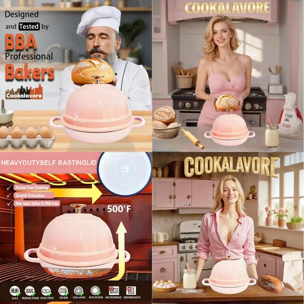 

6-Quart Pink Enamel Bread Pan with Lid, Perfect for Homemade Sourdough, 10.5 Diameter, Includes Silicone Mat & Recipe, Ideal Gif