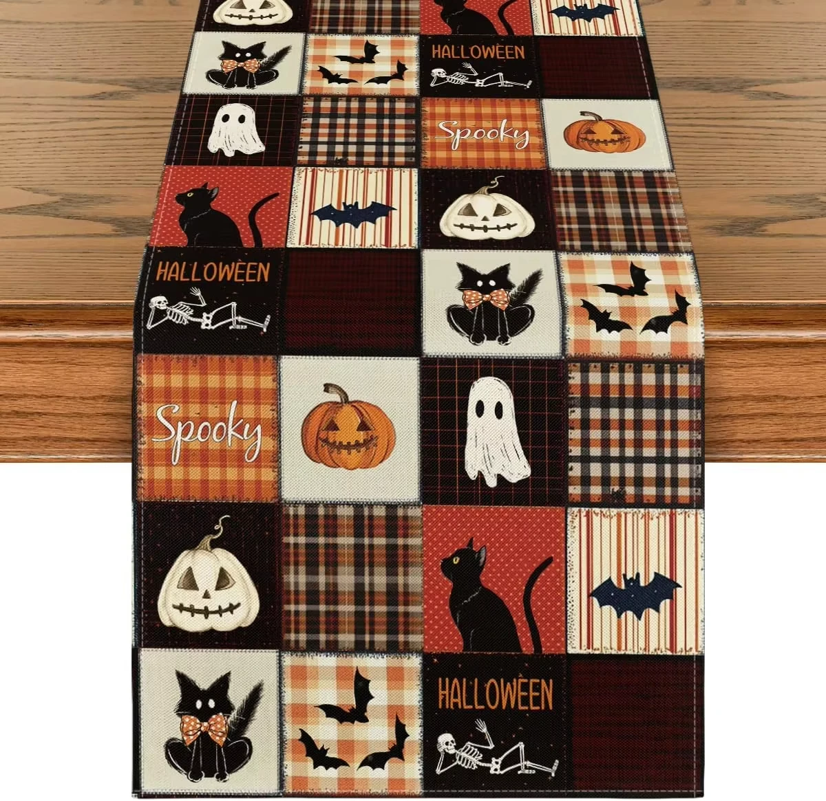 Buffalo Plaid Halloween Table Runner, Spooky Bats Cats Pumpkins Print Washable Linen for Indoor Outdoor Decor