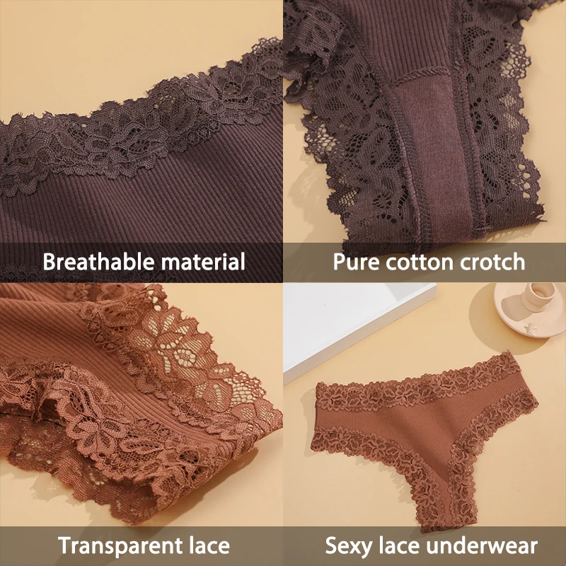 5Pcs/Set Sexy Lace Briefs Cotton Panties Women\'s Fashion 7 Solid Color Comfortable Briefs Low Waist Underpants Stretch Underwear