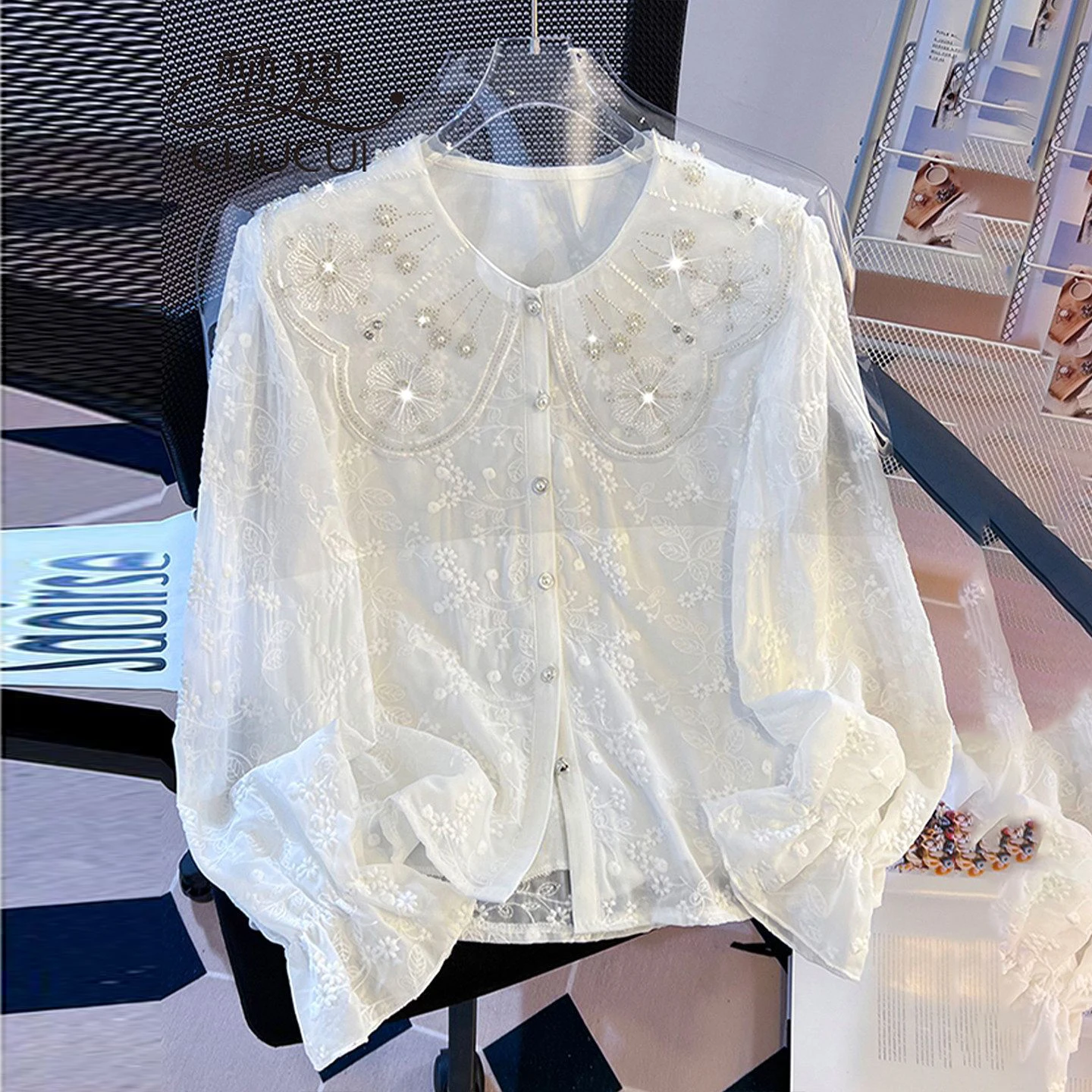 

French doll collar white chiffon shirt women's 2026 new age-reducing foreign style high-end top lace long sleeves