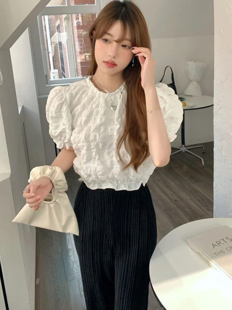 Puff Sleeve Blouses Women French Style Solid All-match Edible Tree Fungus Chic Sweet Princess Ladies Temperament Summer Fashion