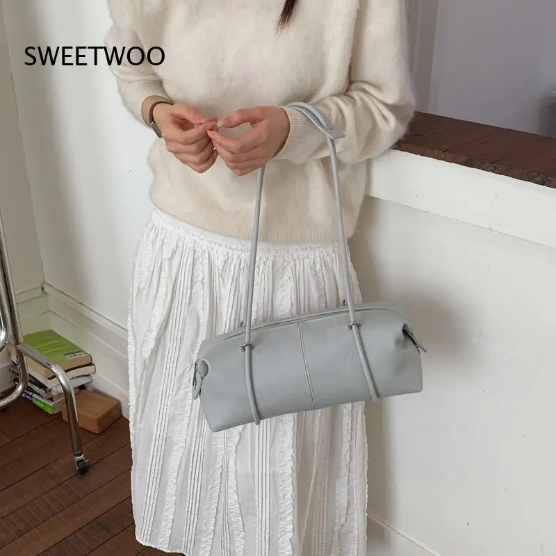 Women Minimalist Cylinder Crossbody Handbag Soft Textured Faux Leather Accent Zipper Closure Lightweight Shoulder Purse
