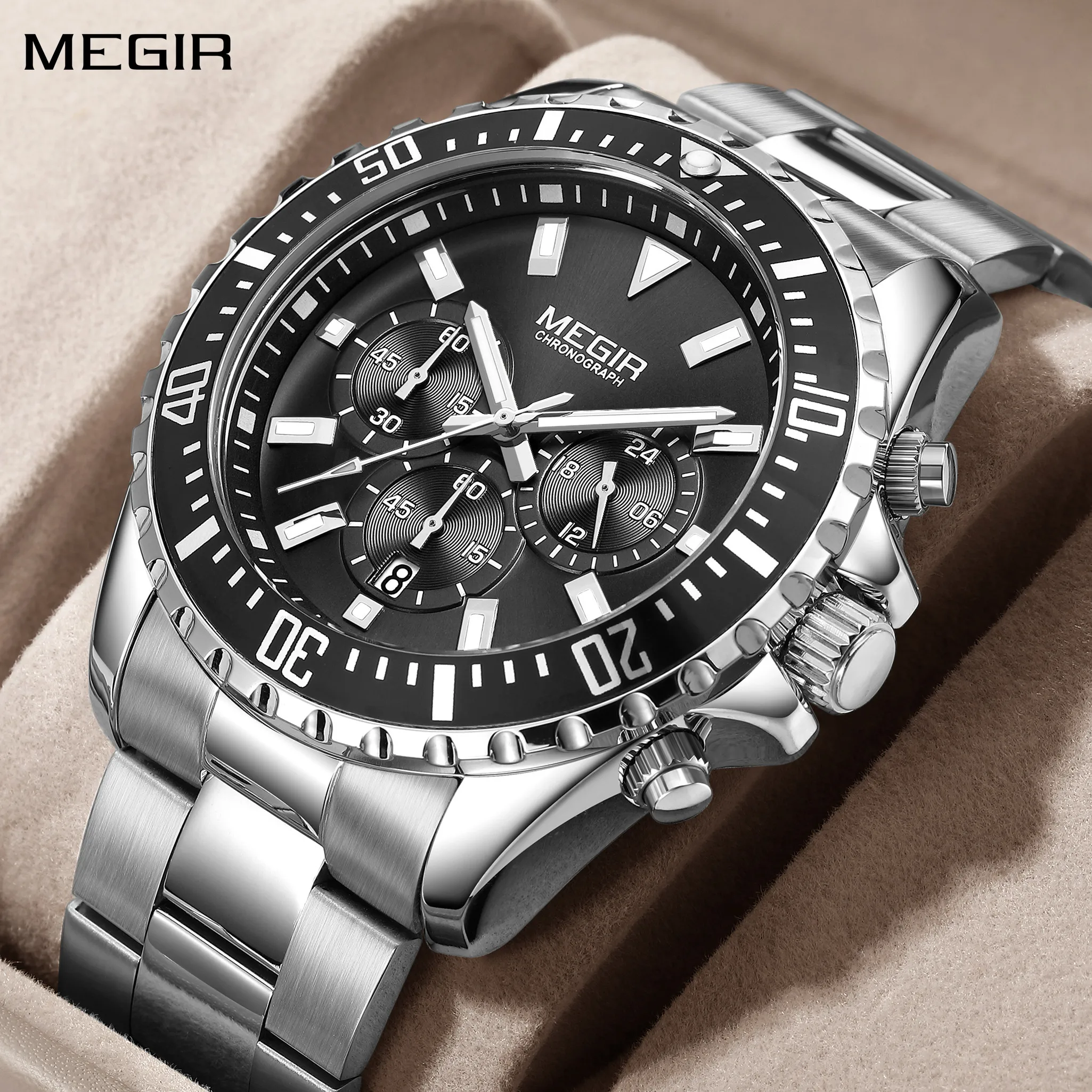 MEGIR-Montre à quartz en acier inoxydable pour homme, montre-bracelet militaire chronographe, horloge d\'affaires de luxe originale, 2064