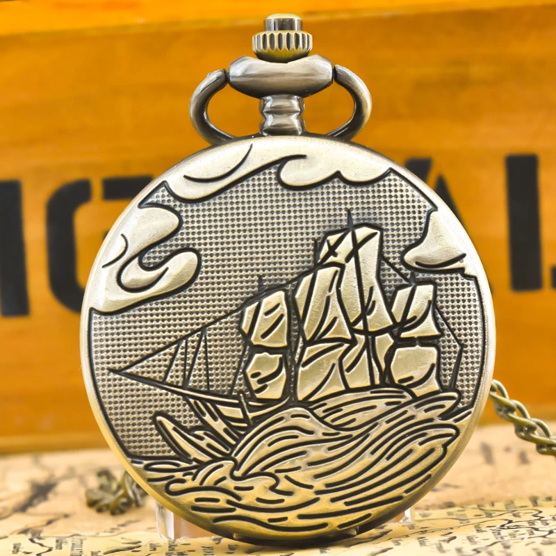 Vintage Bronze Steampunk Stick Figure Sail Carved Quartz Pocket Watch Necklace Pendant Clock Chain Men Women Chain Gift