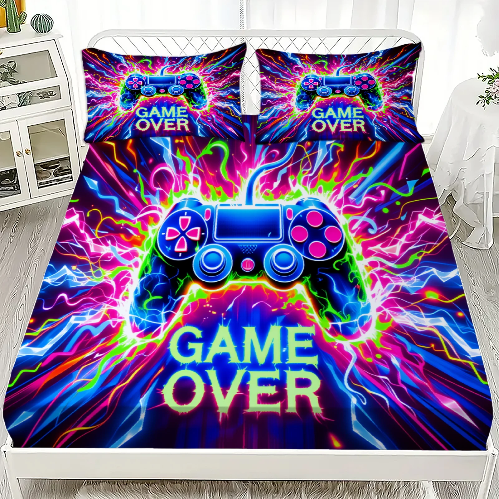 

Комплект из 3 предметов: неоновый граффити-простыня и наволочки для игровой комнаты, яркий игровой декор для подростков, размер Queen, модный декор для комнаты