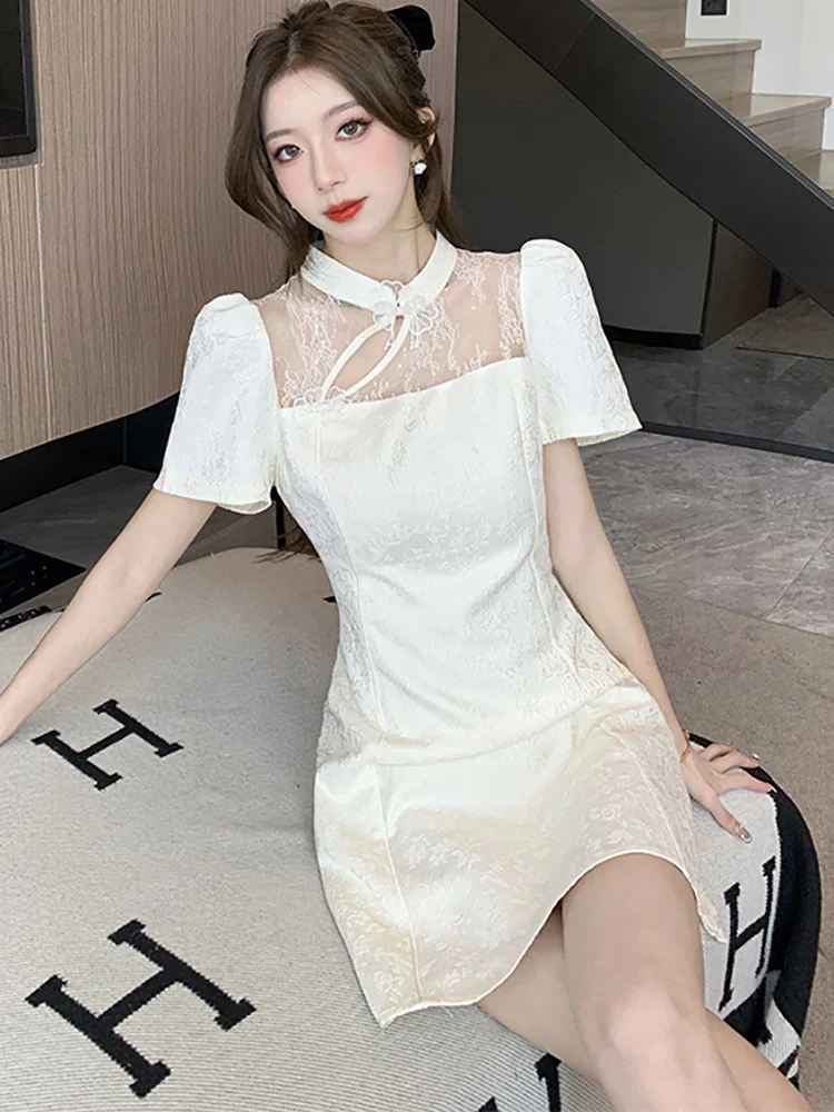 2025 blanc Jacquard Patchwork dentelle évider Sexy Mini robe femmes élégant décontracté maison robe été coréen moulante robe de soirée