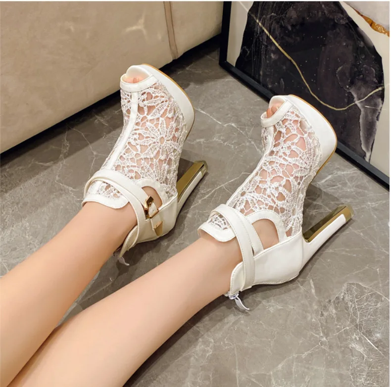 New Style Lace fish mouth high-heeled sexy female sandals Banquet girl temperament boots cool boots women 35-42