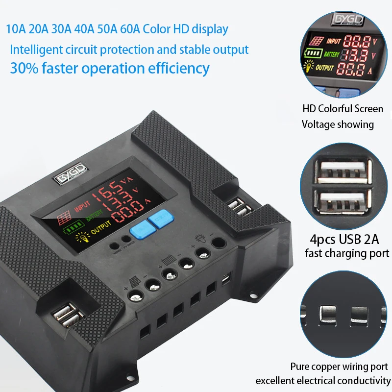 Imagem -02 - Pwm pv Controlador de Carregamento Solar Dual Usb hd Tela Colorida dc Painel Regulador Dual 20a 30a 40a 12v 24v 50v