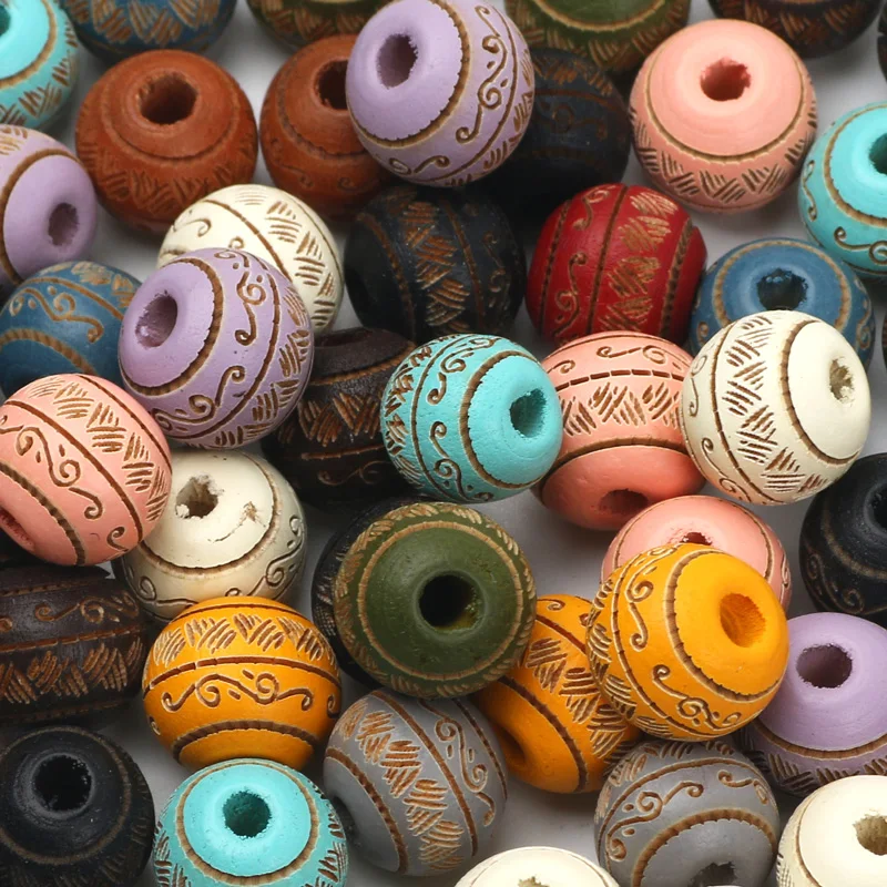 Natural Wood Beads 10mm Loose Colored Wooden Beads Carved Decorative Pattern Round Balls Beads For Jewelry Making DIY Accessory