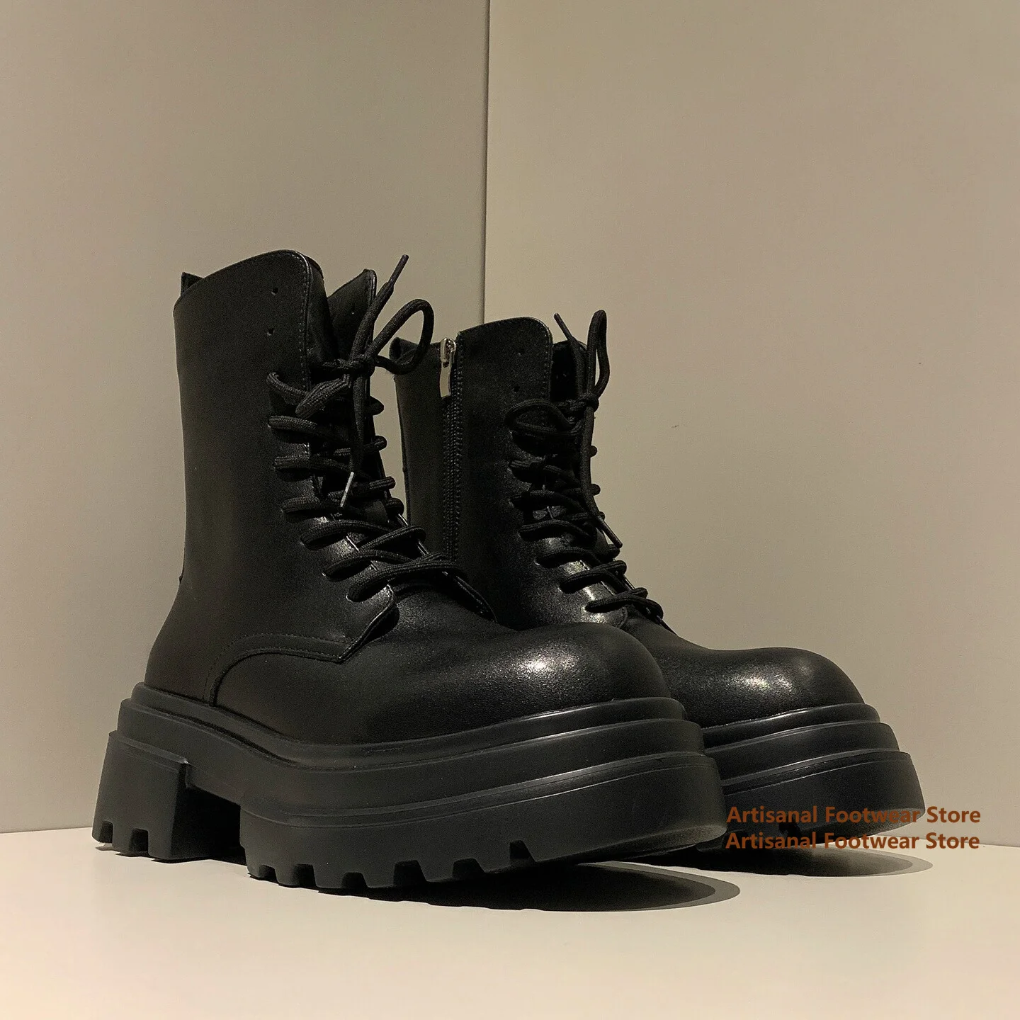 Black Leather Side Zipper Motorcycle Boots Lace-Up Side Zipper Boots Gothic Punk Mid-Calf Boots Trendy Autumn/winter Men's Boots