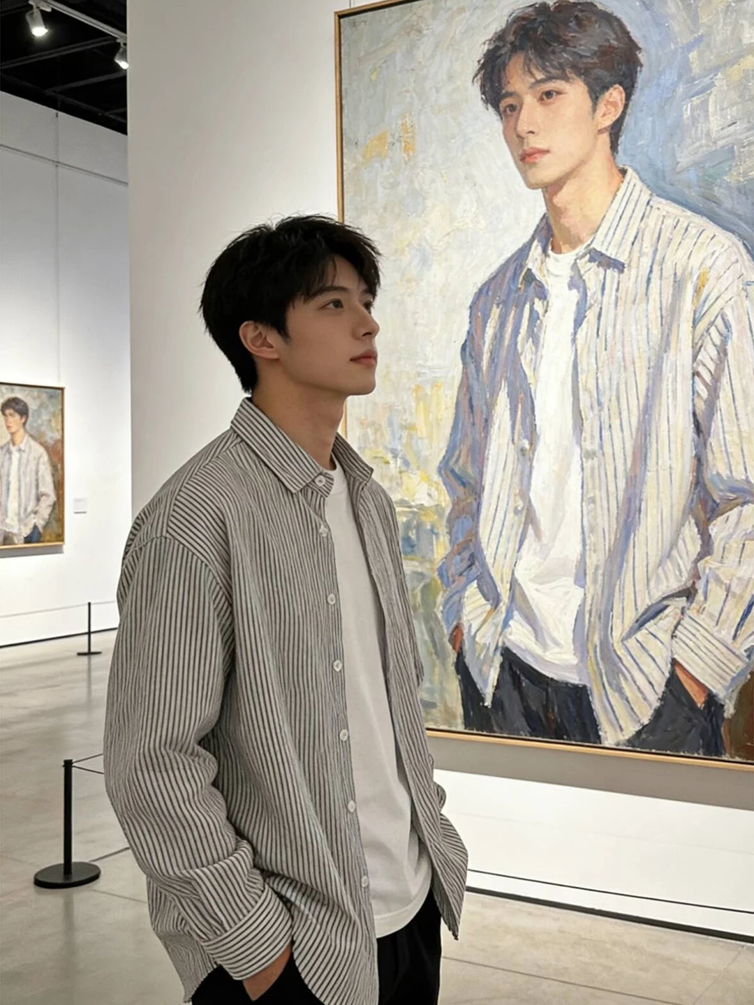 

Мужская рубашка с длинным рукавом в черно-белую вертикальную полоску, весенняя, для многослойных образов, молодежная, с отворотами на плечах