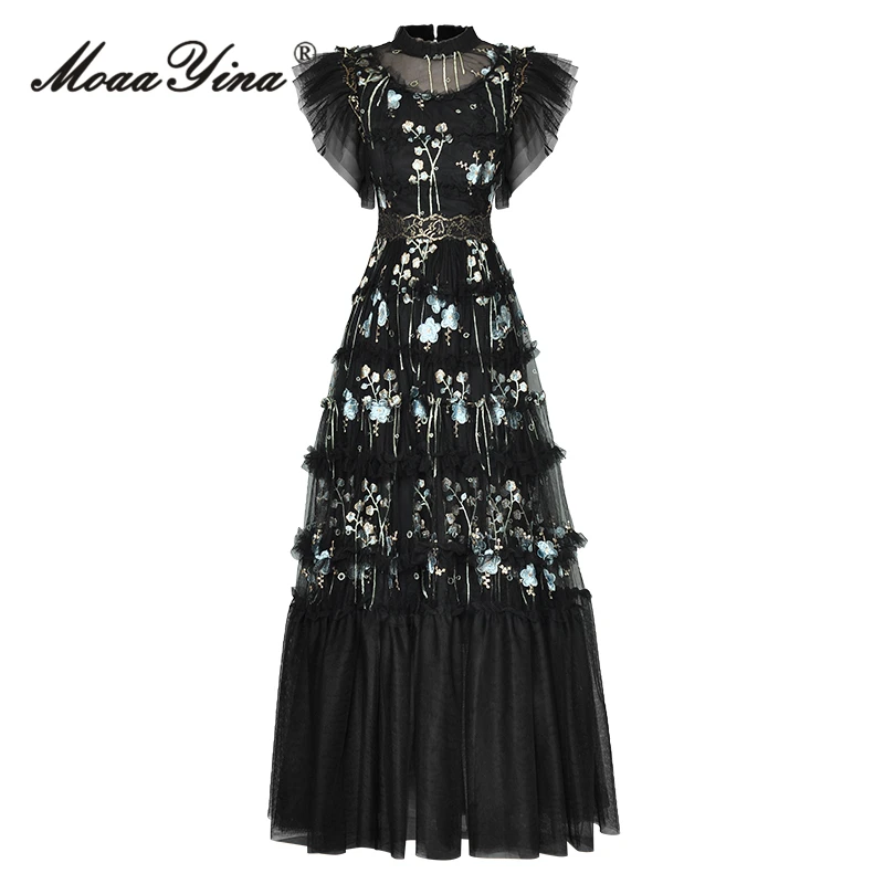 

MoaaYina Summer Fashion Designer Vintage Mesh Party Dress Women's Stand Collar Embroidery Elastic Waist Ruffles Black Long Dress