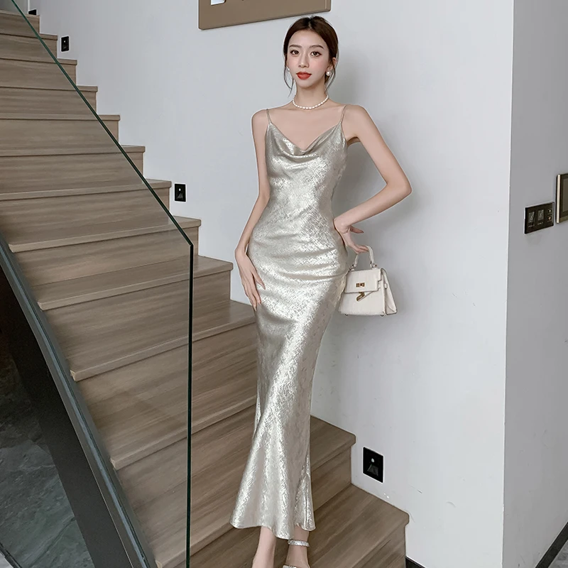 

Elegant Sexy Backless Evening Wedding Party Long Dresses for Women Summer New Korean Sleeveless Mermaid Birthday Female Clothing