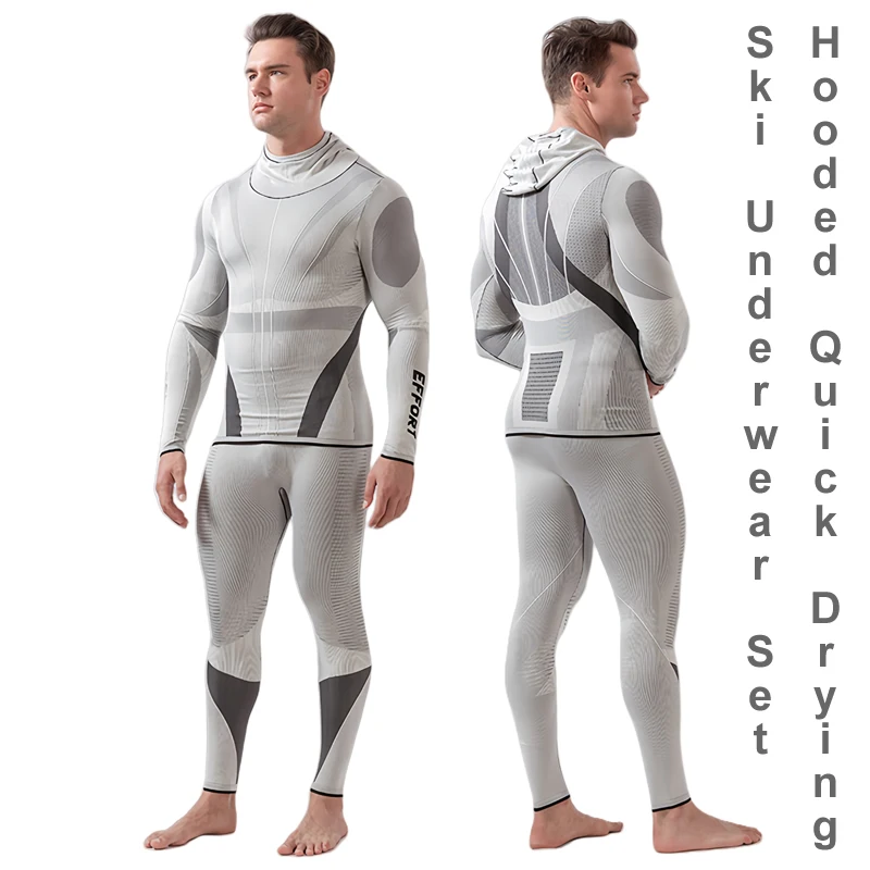 Men Hooded Quick Drying Ski Underwear Set Outdoor Sports Cycling Breathable Sweat Wicking Warm Tight Compression Tracksuit