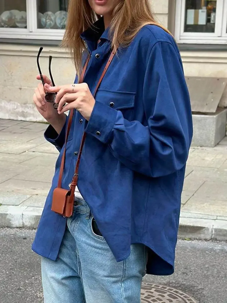 Vintage Klein Blue Collar Jacket 2025 Autumn/Winter Versatile Casual Loose Medium to Long Coat European and American Women Wear