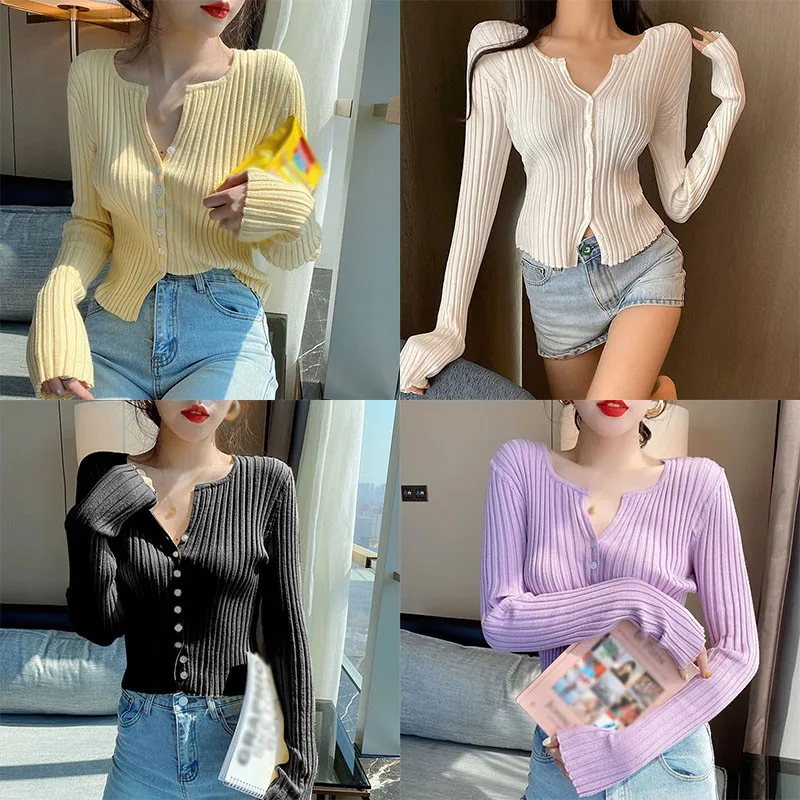 Women\'s Round Neck Long Sleeve Button Knit Cardigan Solid Color Vertical Stripe Slim Bottom Cardigan Top