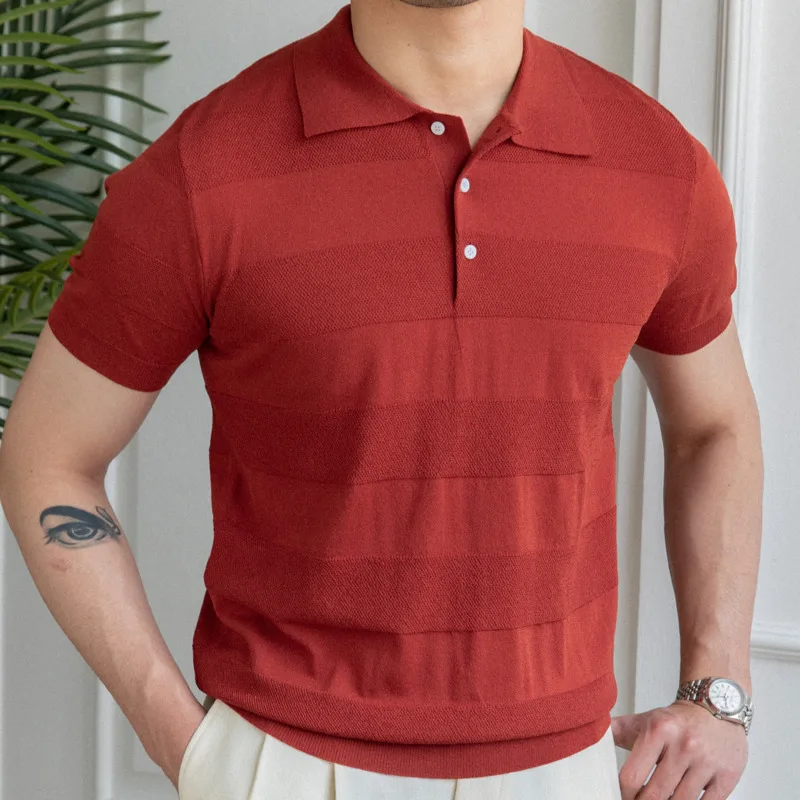 High Quality Summer Stripe Men's Solid Color Short-sleeved T-shirt British Slim Lapel Knitted Striped Casual  Polo Shirt