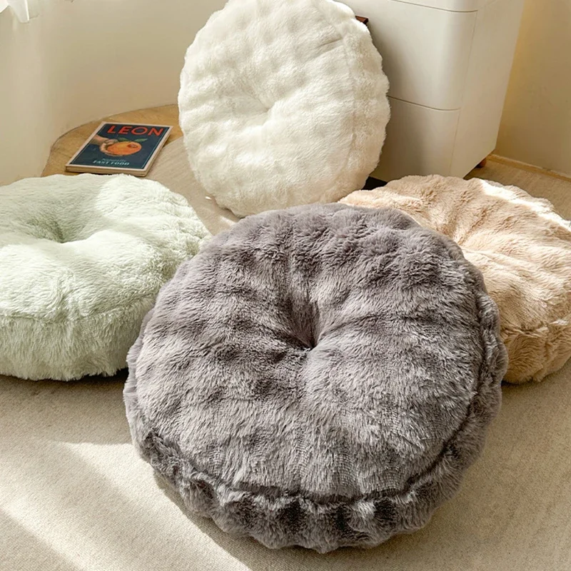 Faux Rabbit Fur Round Pouf Ottoman Super Soft Thick Chair Cushion for Autumn and Winter Aesthetic Warm Living Room Floor Seating