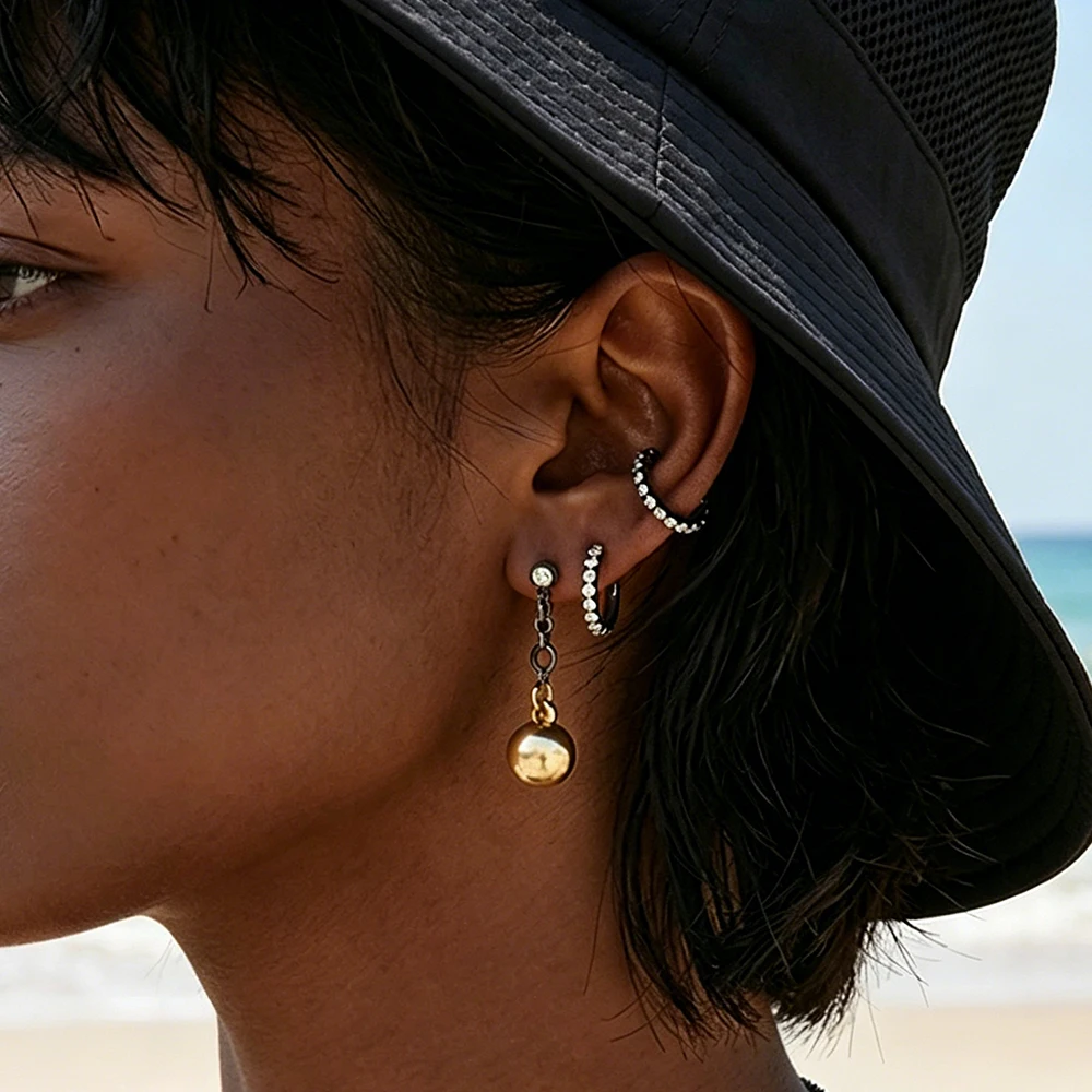 

2Pcs/set ZAAA Metal Rhinestones Hoop Earrings Gold Ball Dangle Studs Huggie Earrings for Women Minimalist Jewelry Accessories