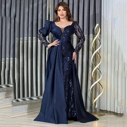 Customized Temperament Long Sleeve Patchwork Satin Backless A-line Evening Dresses Lace Banquet Dress Prom Gown فساتين للحفلات ا