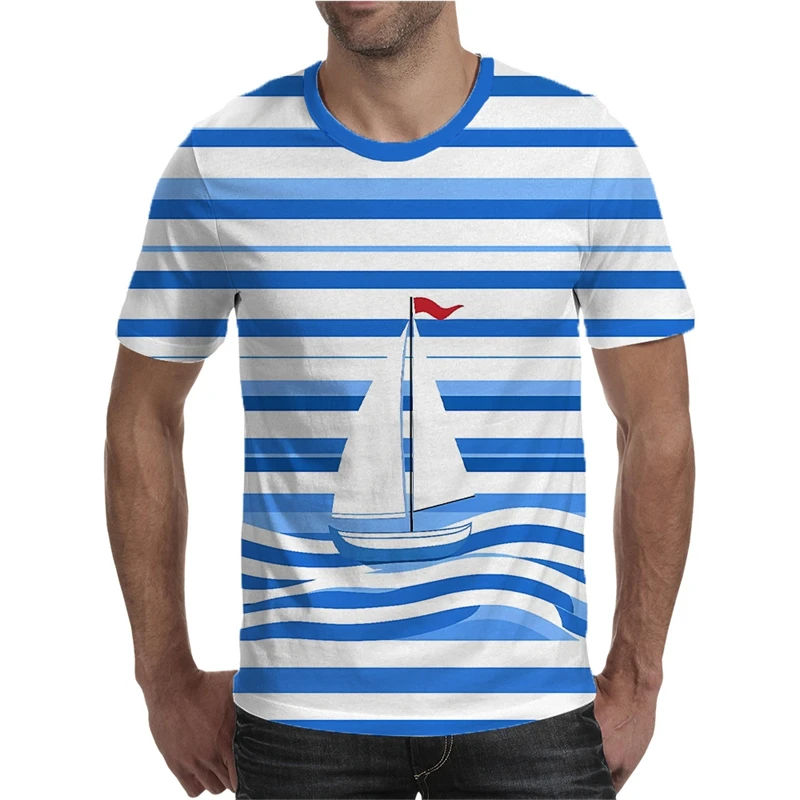 

Simple Fashion Sailboat Striped T Shirts Summer Casual Daily Wear 3D Printed Crew Neck T-shirts Loose Beach Vacation Tees Tops