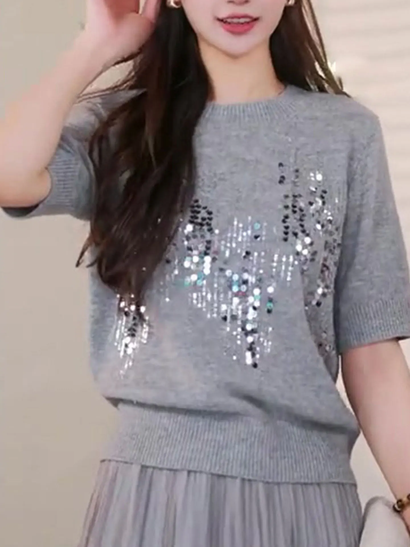 

Ele Ice Silk ort Sve Knitted round Ne Pullover for Women Comfortable Versatile Summer Faion Korean Sle Straigh...