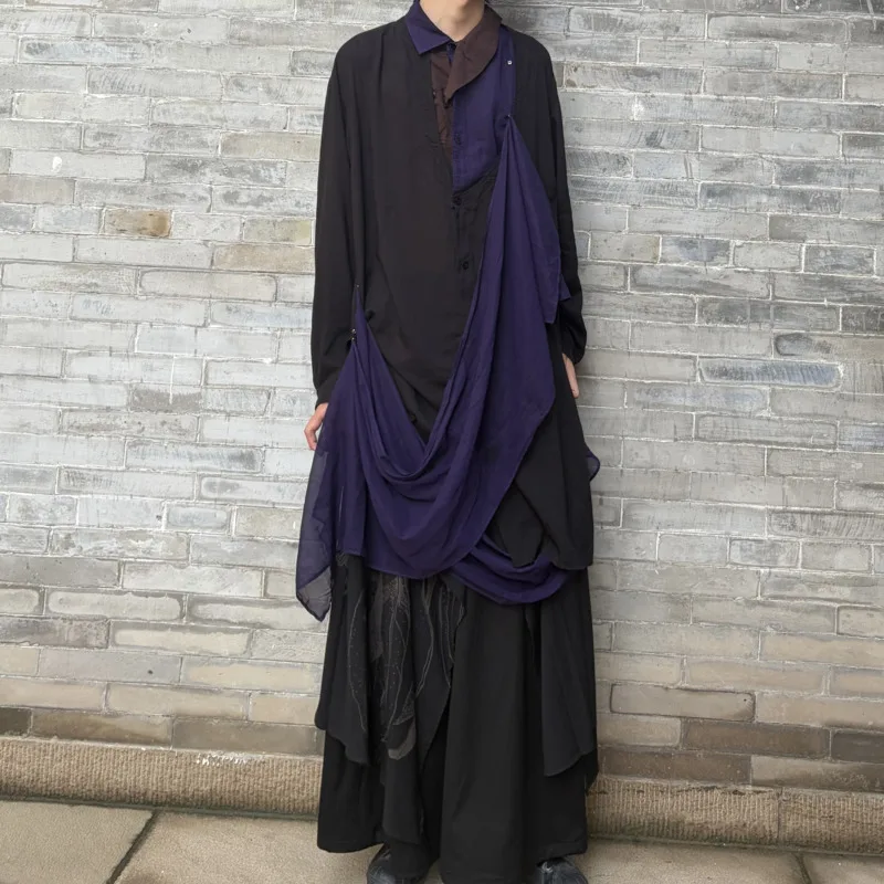 HKSH Spring Autumn New Men's Tide Chic Dark Yamamoto Dark Aesthetic Detachable Asymmetrical Multi-layered Robe Y2K Shirt HK28559