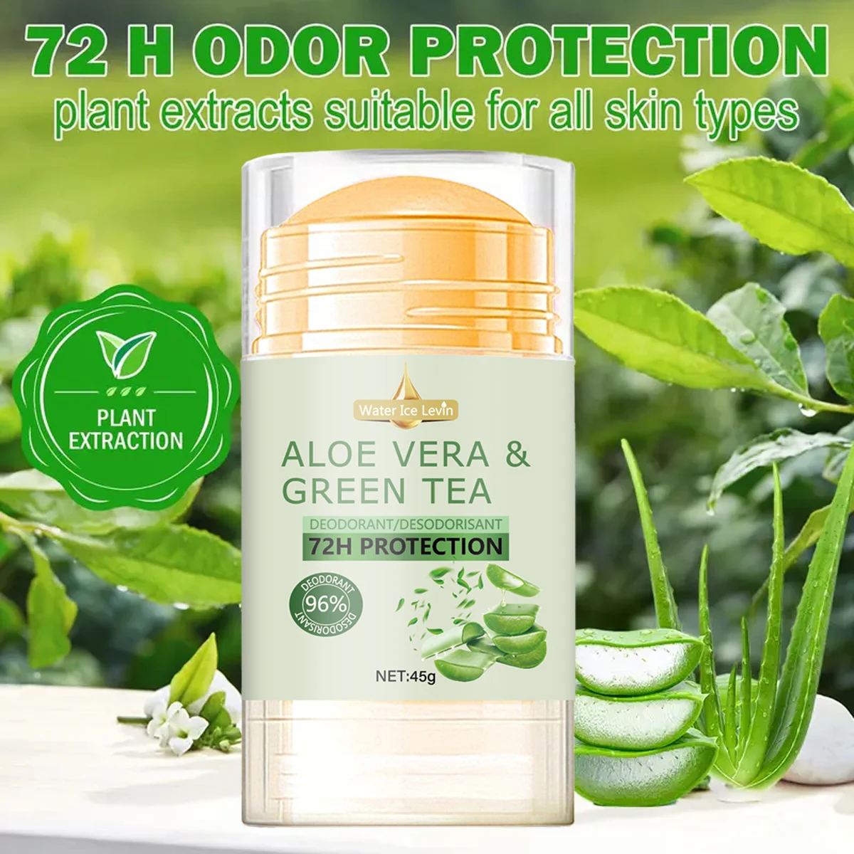 مزيل عرق الماء آيس ليفين مع الألوة فيرا والشاي الأخضر حماية 72 ساعة وفعال 96% للعناية اللطيفة ولكنها القوية. 45 جرام.